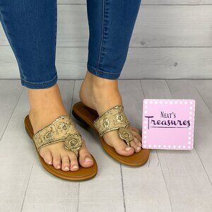 Dept 222 KELLY Leather Faux Cork Slip On Open Toe Low Heel Thong Sandals Sz 8 M